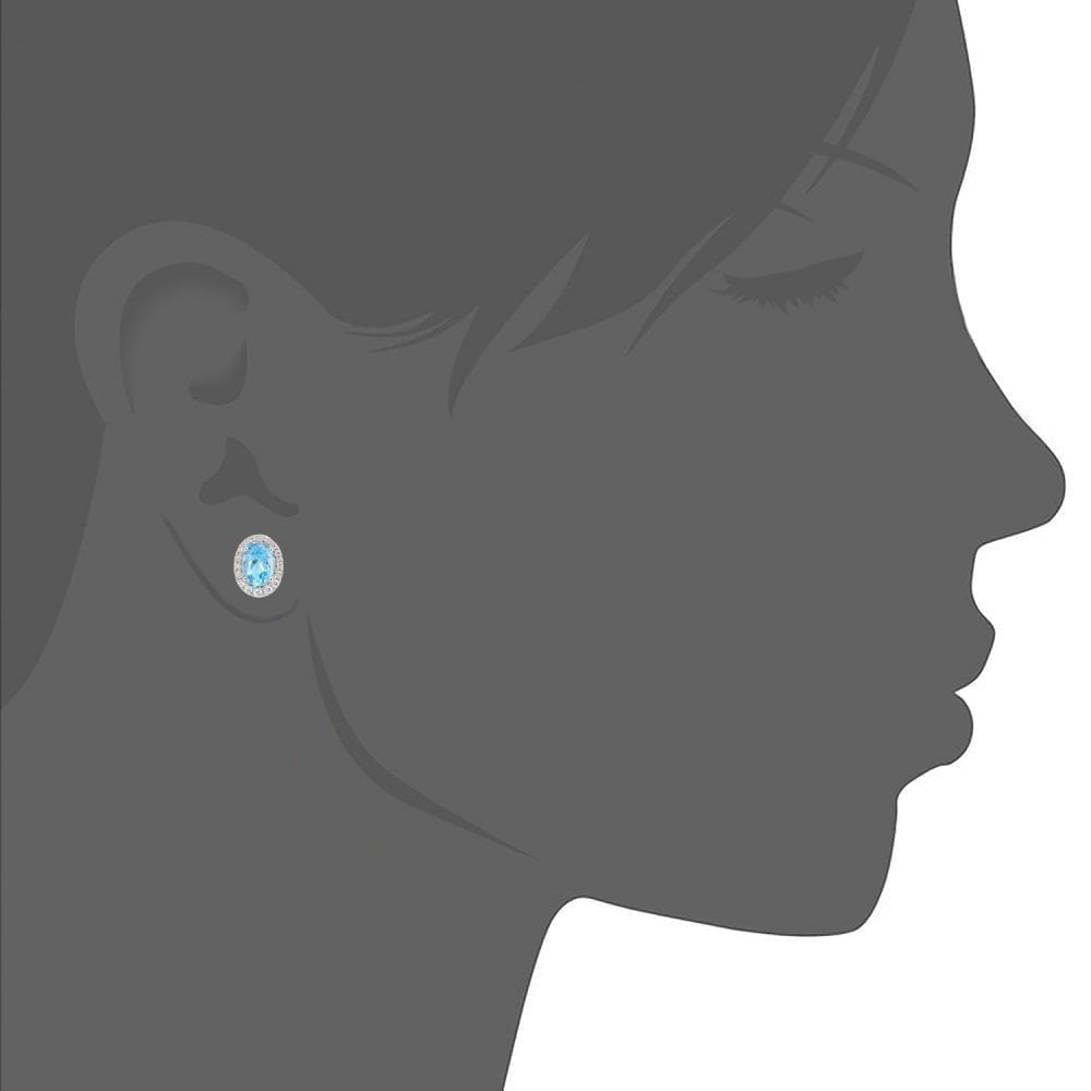 Swiss Blue Topaz and Diamond Oval Halo Stud Earrings in 9ct White Gold