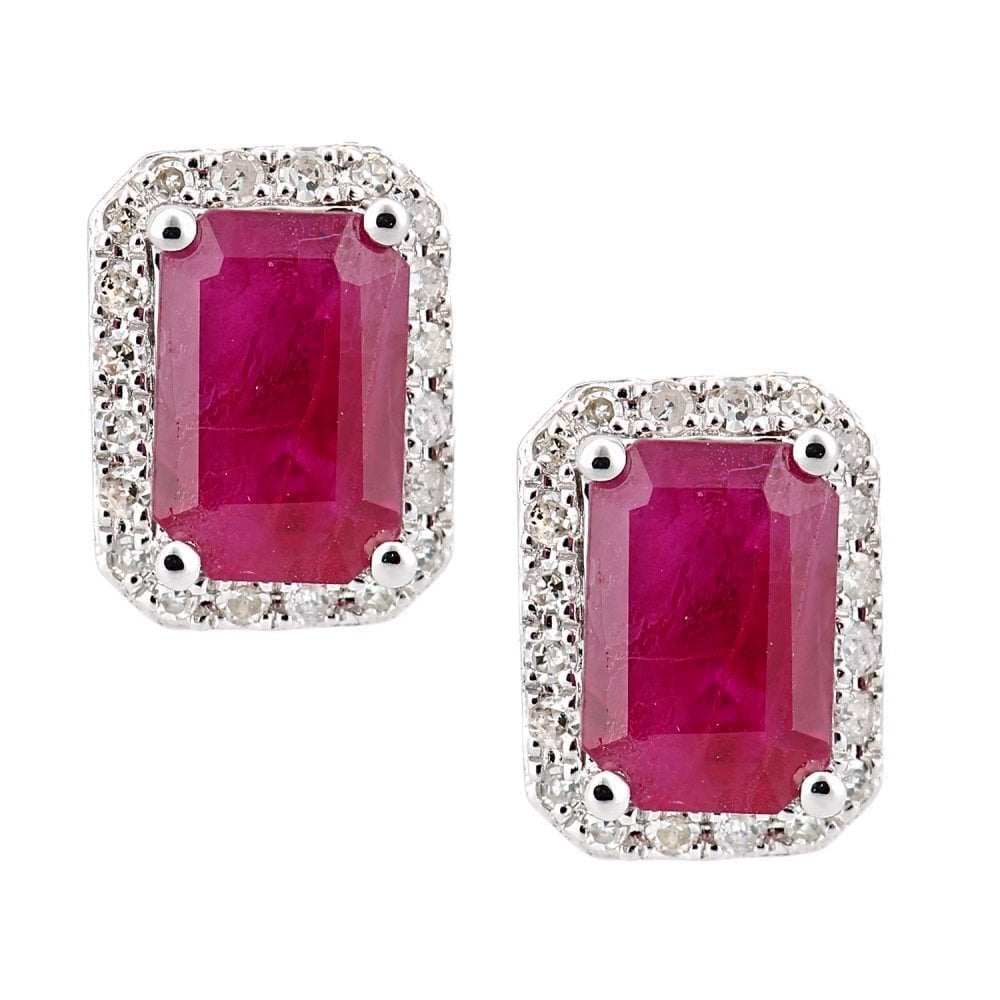 18ct White Gold Octagon Ruby Cluster 0.10ct Diamond Stud Earrings