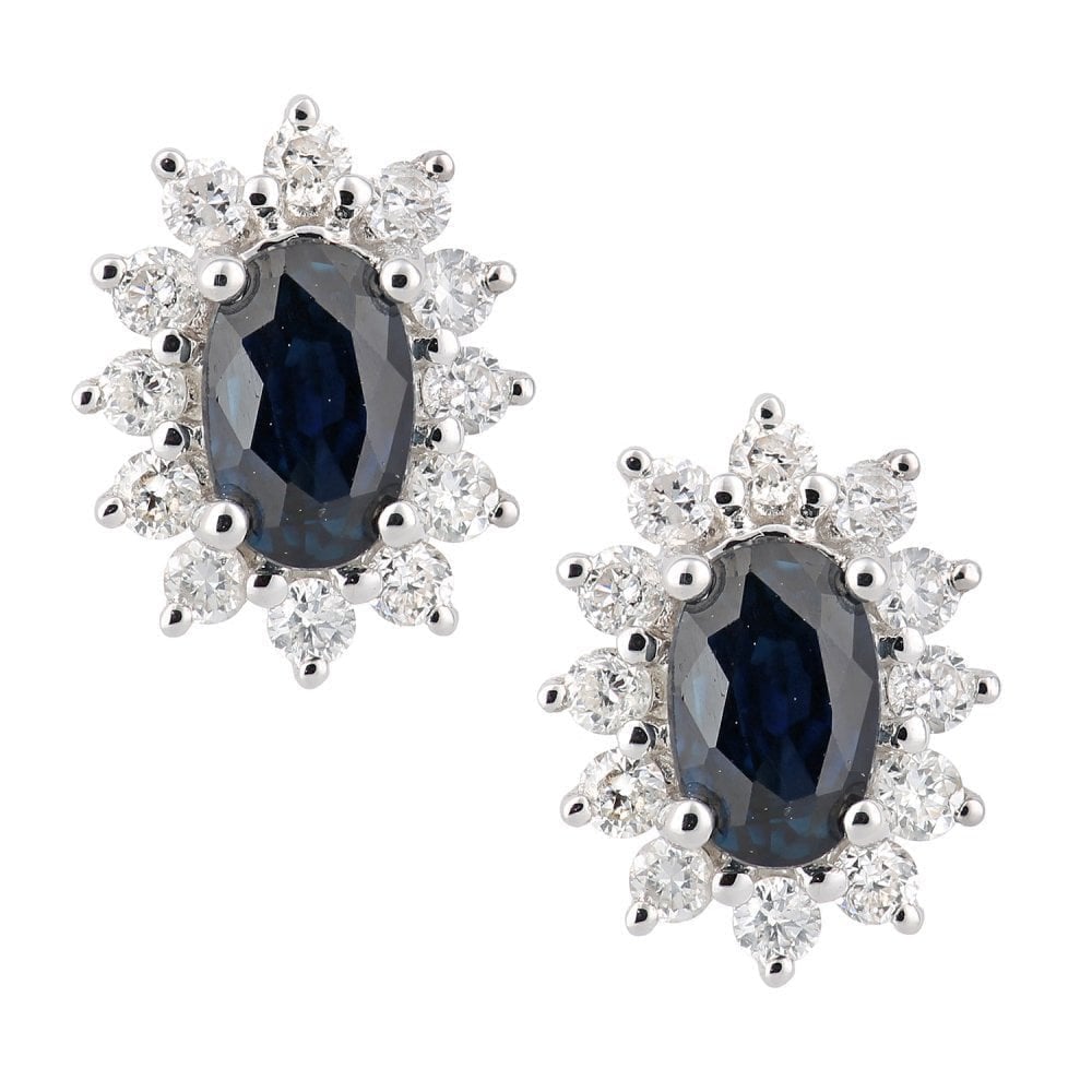 0.85 Ct Oval Natural Blue Sapphire and Diamond Halo Stud Earrings in 18ct White Gold