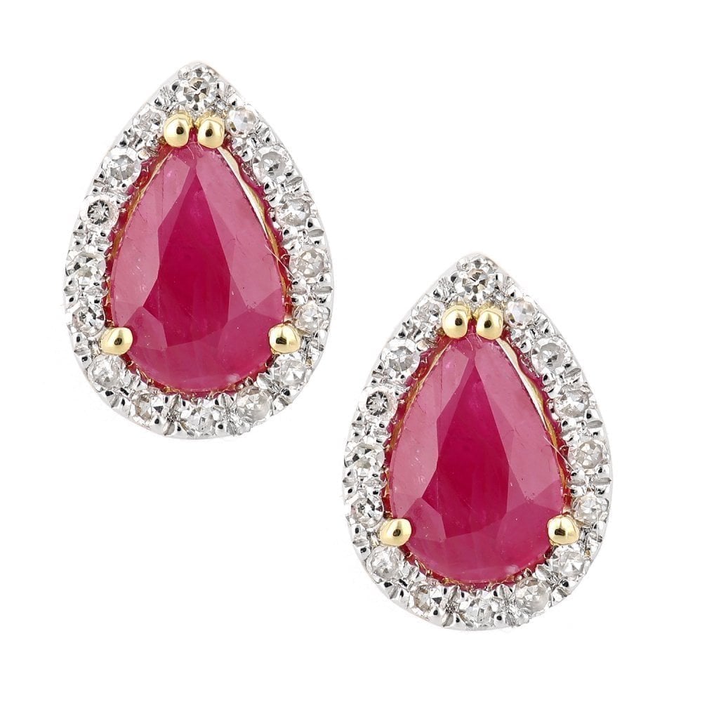 18ct Yellow Gold Teardrop Ruby Cluster 0.07ct Diamond Stud Earrings