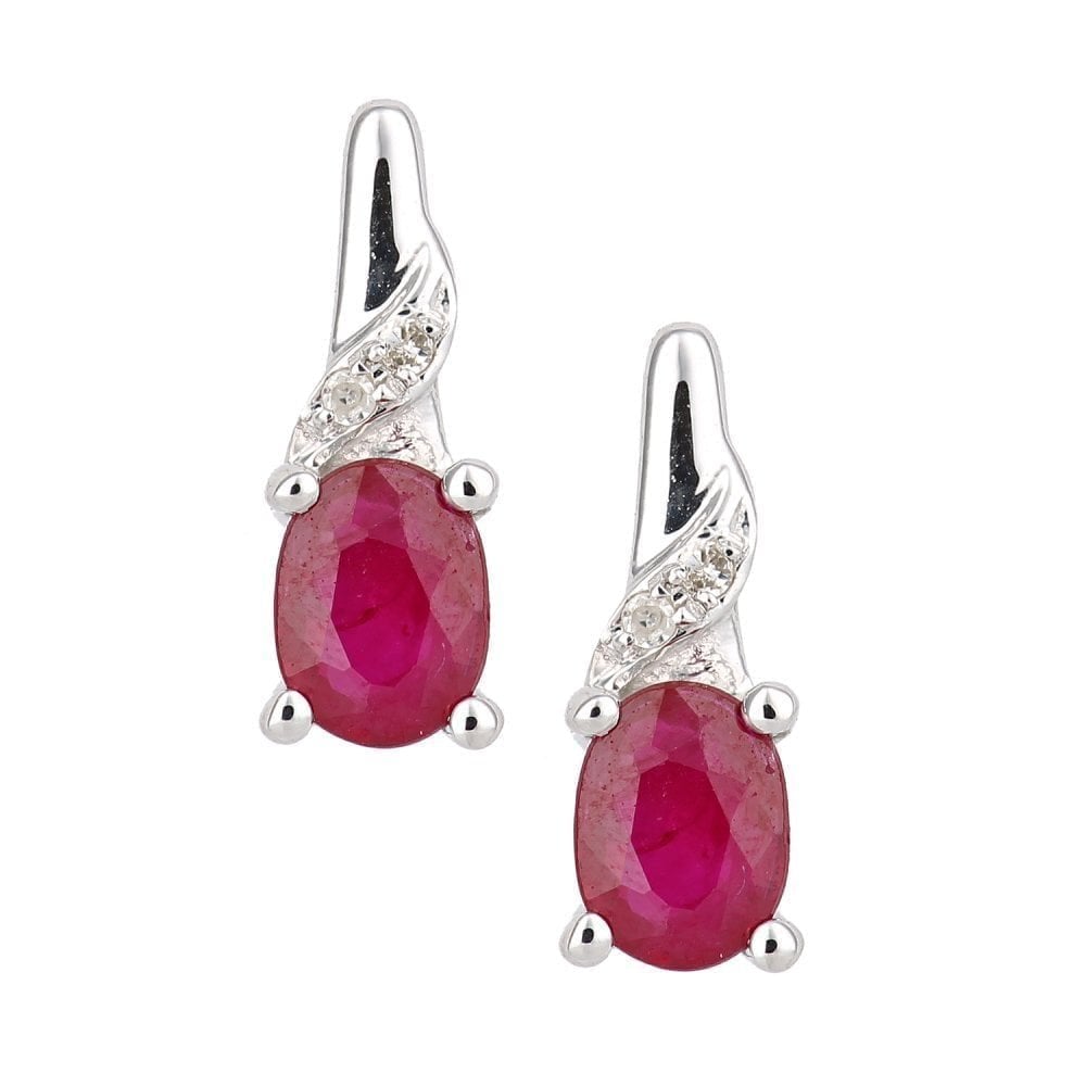 9ct White Gold Oval Ruby and 0.01ct Diamond Drop Earrings