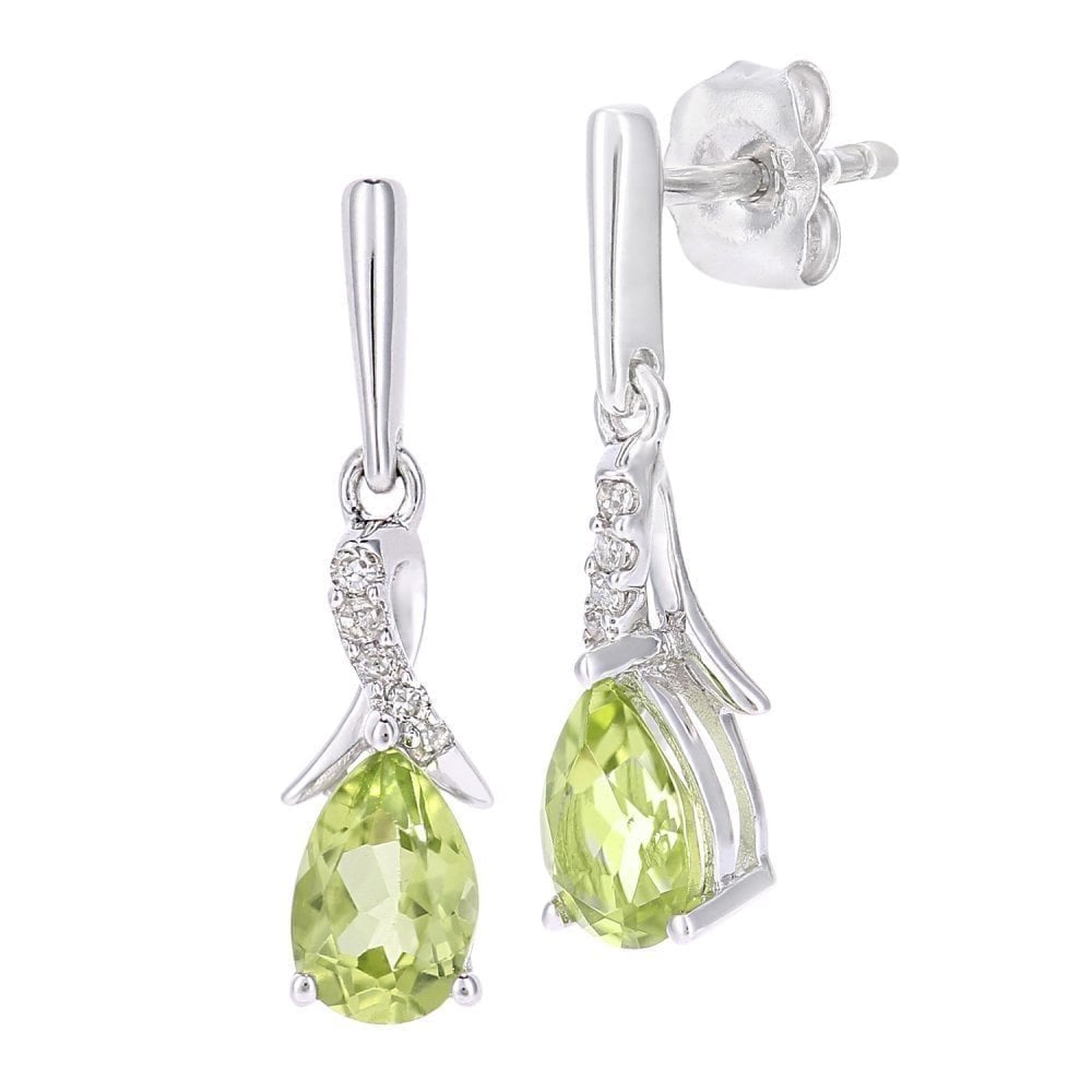 9ct White Gold Oval Peridot Crossover 0.05ct Diamond Drop Earrings