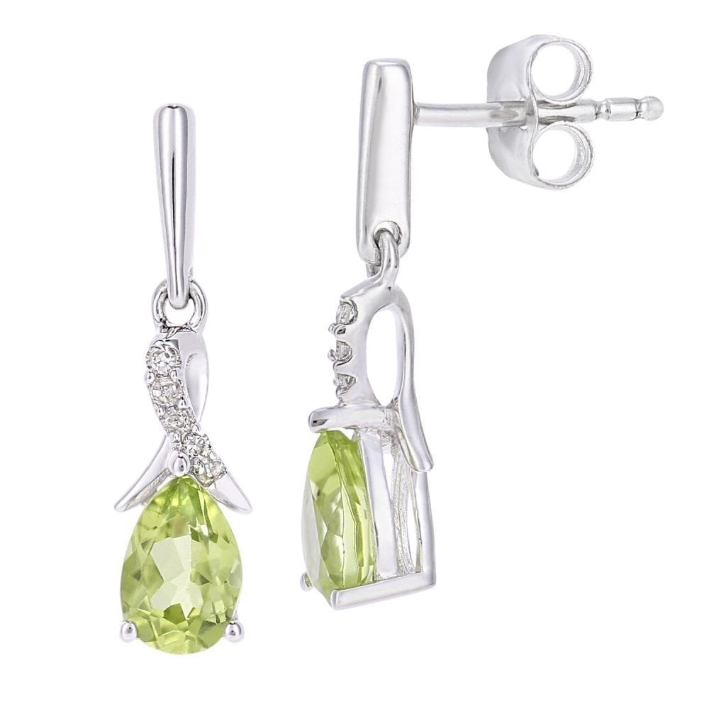 9ct White Gold Oval Peridot Crossover 0.05ct Diamond Drop Earrings