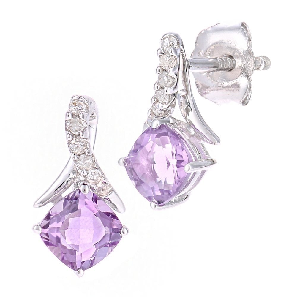 9ct White Gold Cushion Amethyst Crossover 0.05ct Diamond Stud Earrings