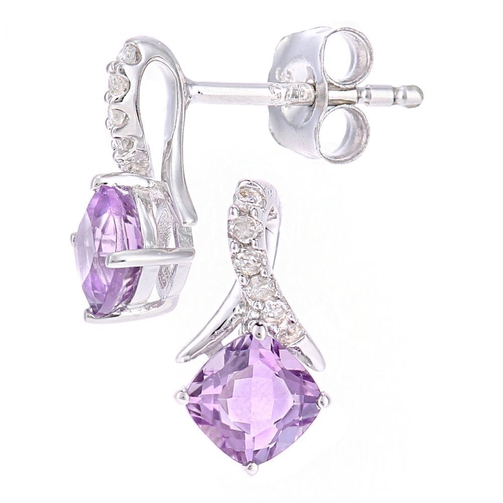 9ct White Gold Cushion Amethyst Crossover 0.05ct Diamond Stud Earrings