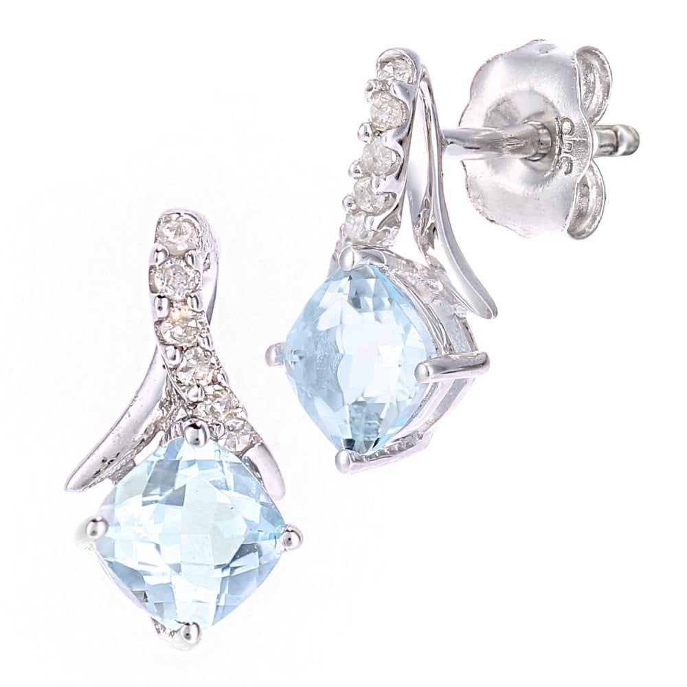 9ct White Gold Carat Sky Blue Topaz and Diamond Kiss Drop Earrings Cushion