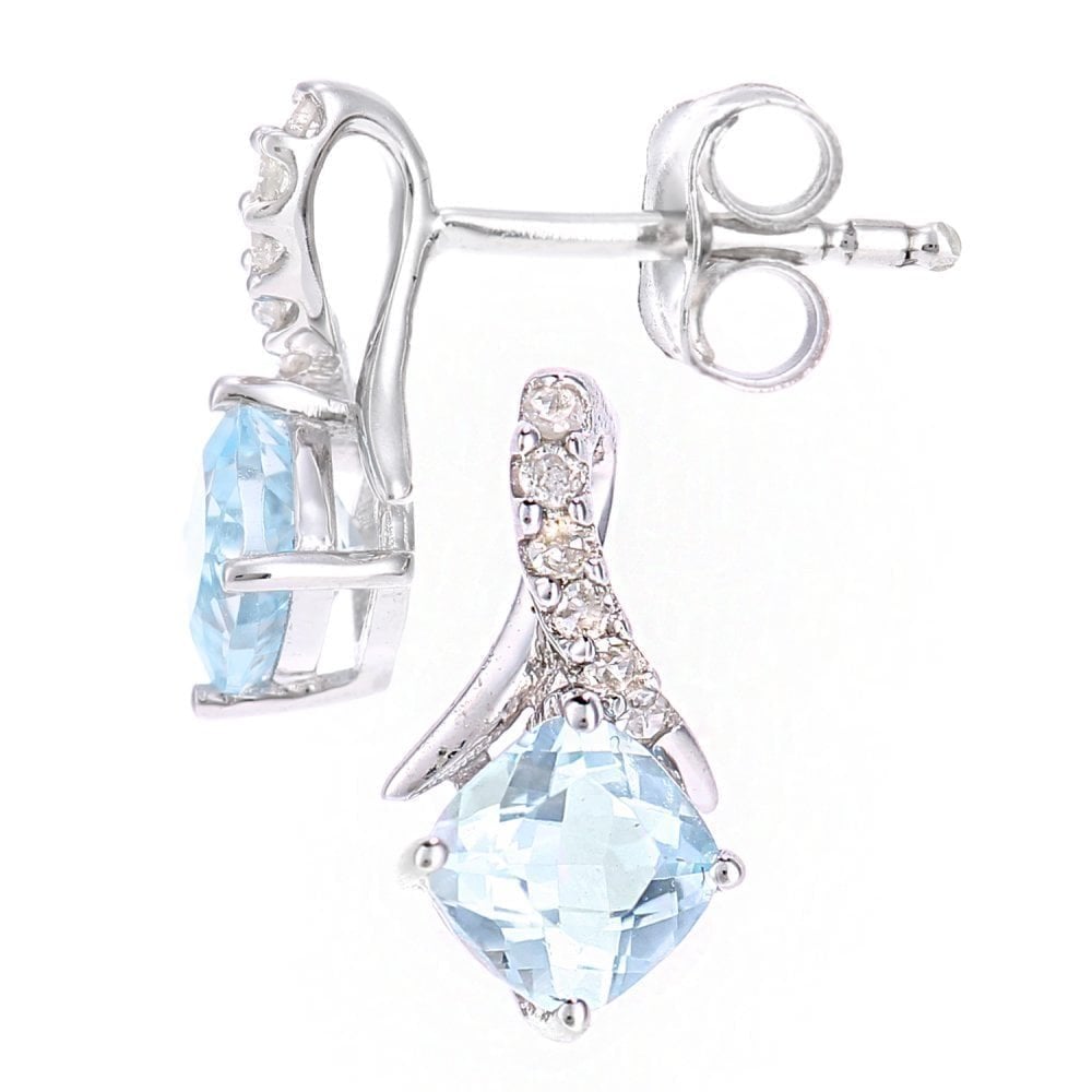 9ct White Gold Carat Sky Blue Topaz and Diamond Kiss Drop Earrings Cushion