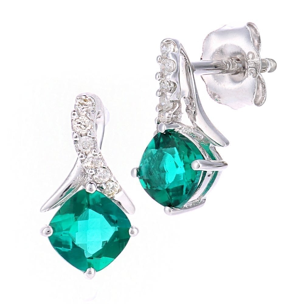 9ct White Gold 0.54ct Cushion Created Emerald & Diamond Crossover Stud Earrings