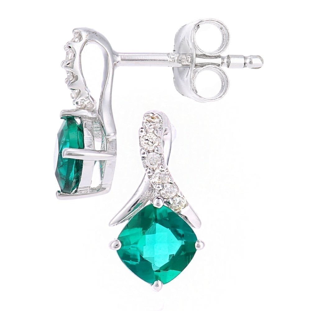 9ct White Gold 0.54ct Cushion Created Emerald & Diamond Crossover Stud Earrings