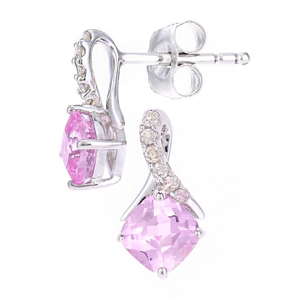 9ct White Gold Cushion Created Pink Sapphire Crossover 0.05ct Diamond Stud Earrings