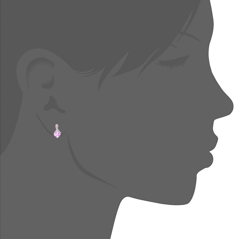 9ct White Gold Cushion Created Pink Sapphire Crossover 0.05ct Diamond Stud Earrings