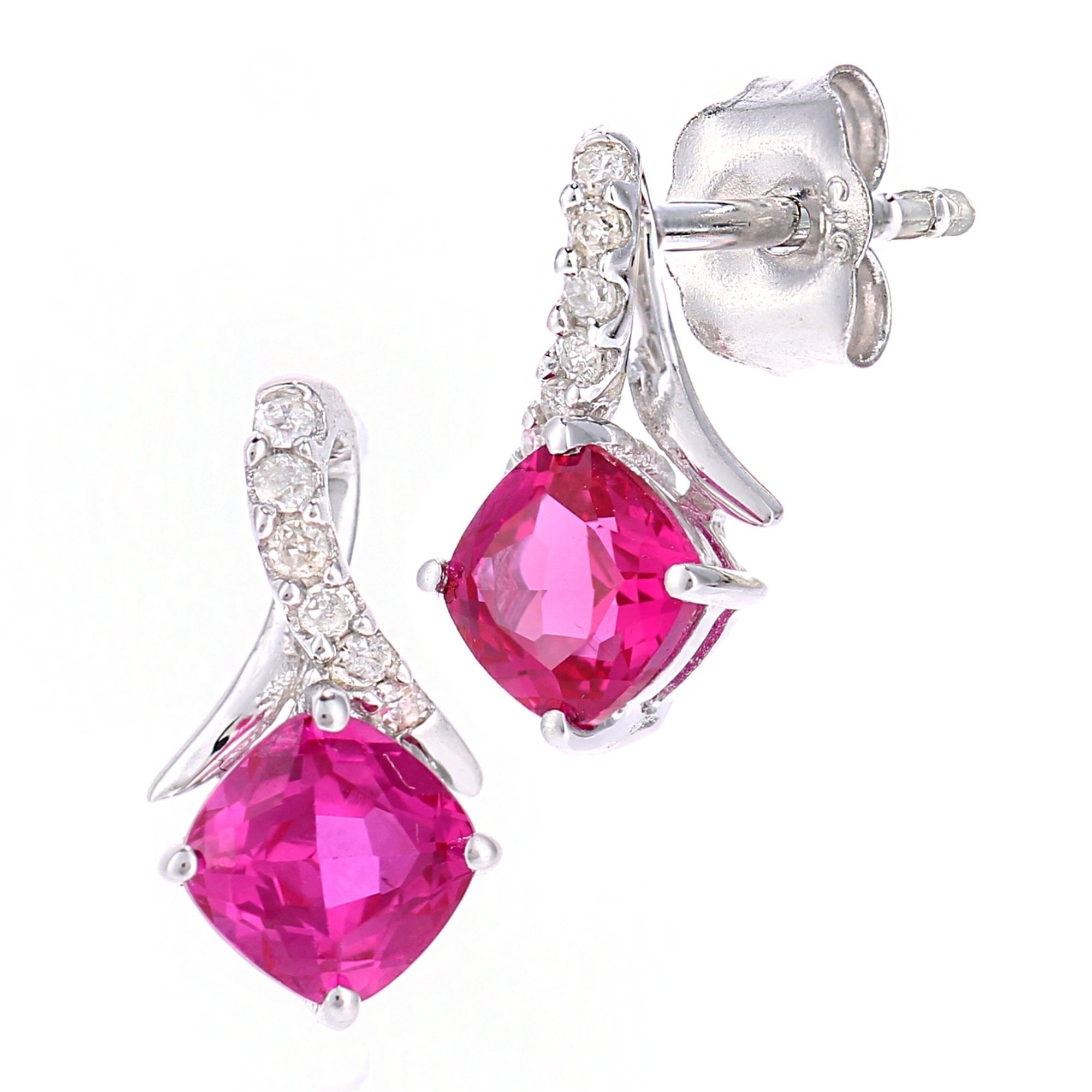 9ct White Gold Cushion Created Ruby Crossover 0.05ct Diamond Stud Earrings