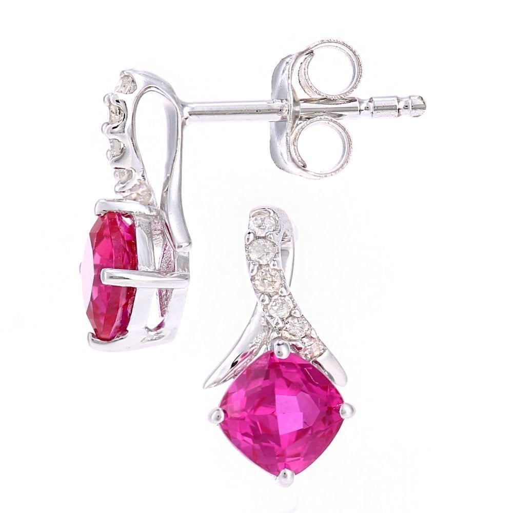 9ct White Gold Cushion Created Ruby Crossover 0.05ct Diamond Stud Earrings