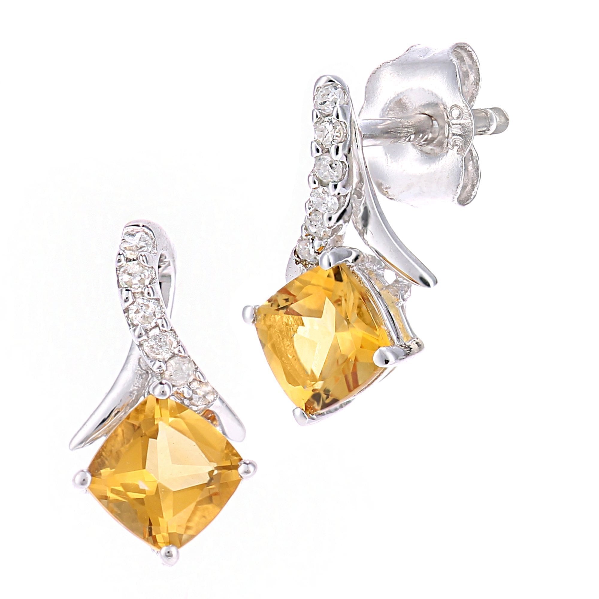 9ct White Gold Citrine Cushion & Diamond Stud Earrings