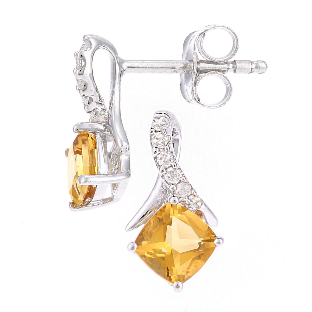 9ct White Gold Citrine Cushion & Diamond Stud Earrings