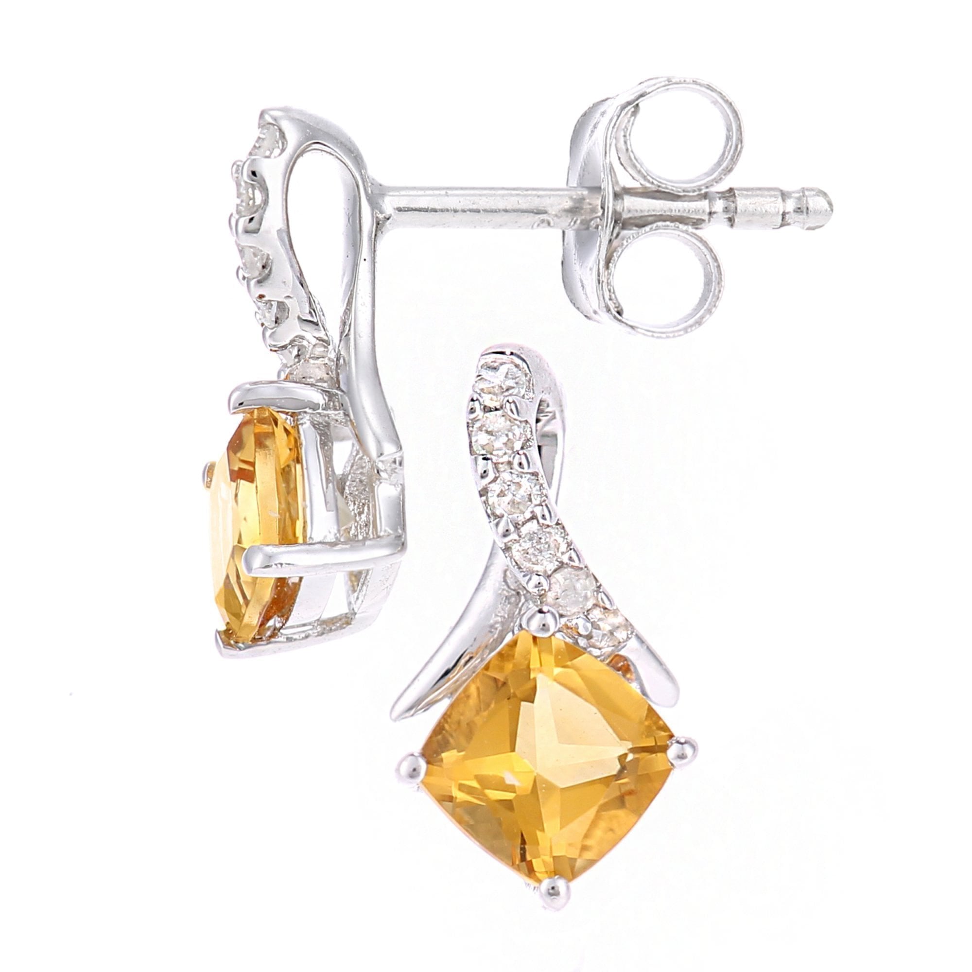 9ct White Gold Citrine Cushion & Diamond Stud Earrings