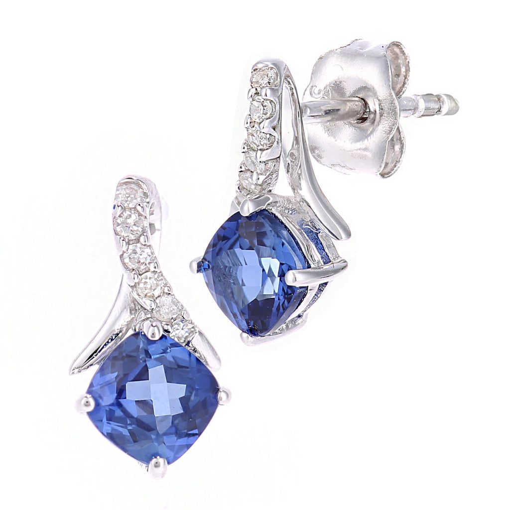 9ct White Gold Cushion Created Tanzanite Crossover 0.05ct Diamond Stud Earrings