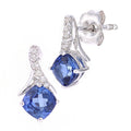 9ct White Gold Cushion Created Tanzanite Crossover 0.05ct Diamond Stud Earrings