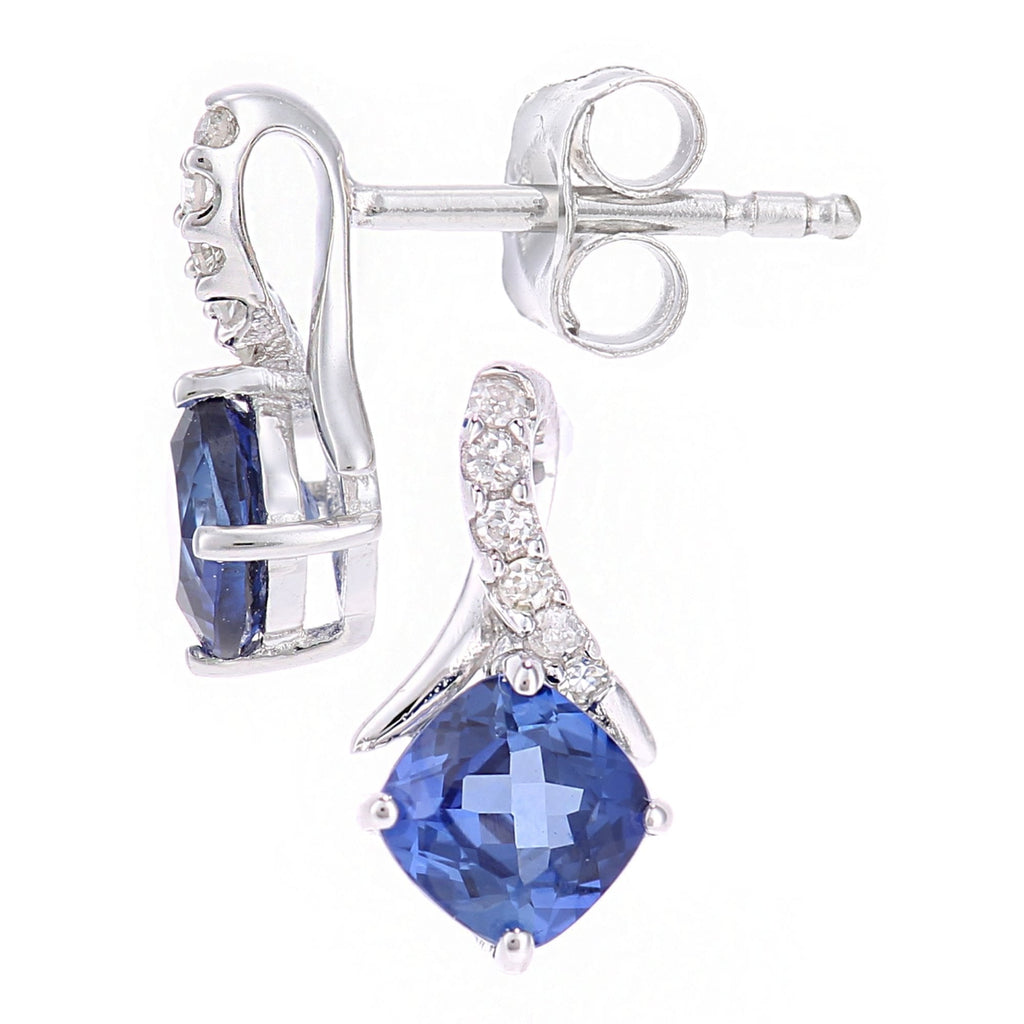 9ct White Gold Cushion Created Tanzanite Crossover 0.05ct Diamond Stud Earrings