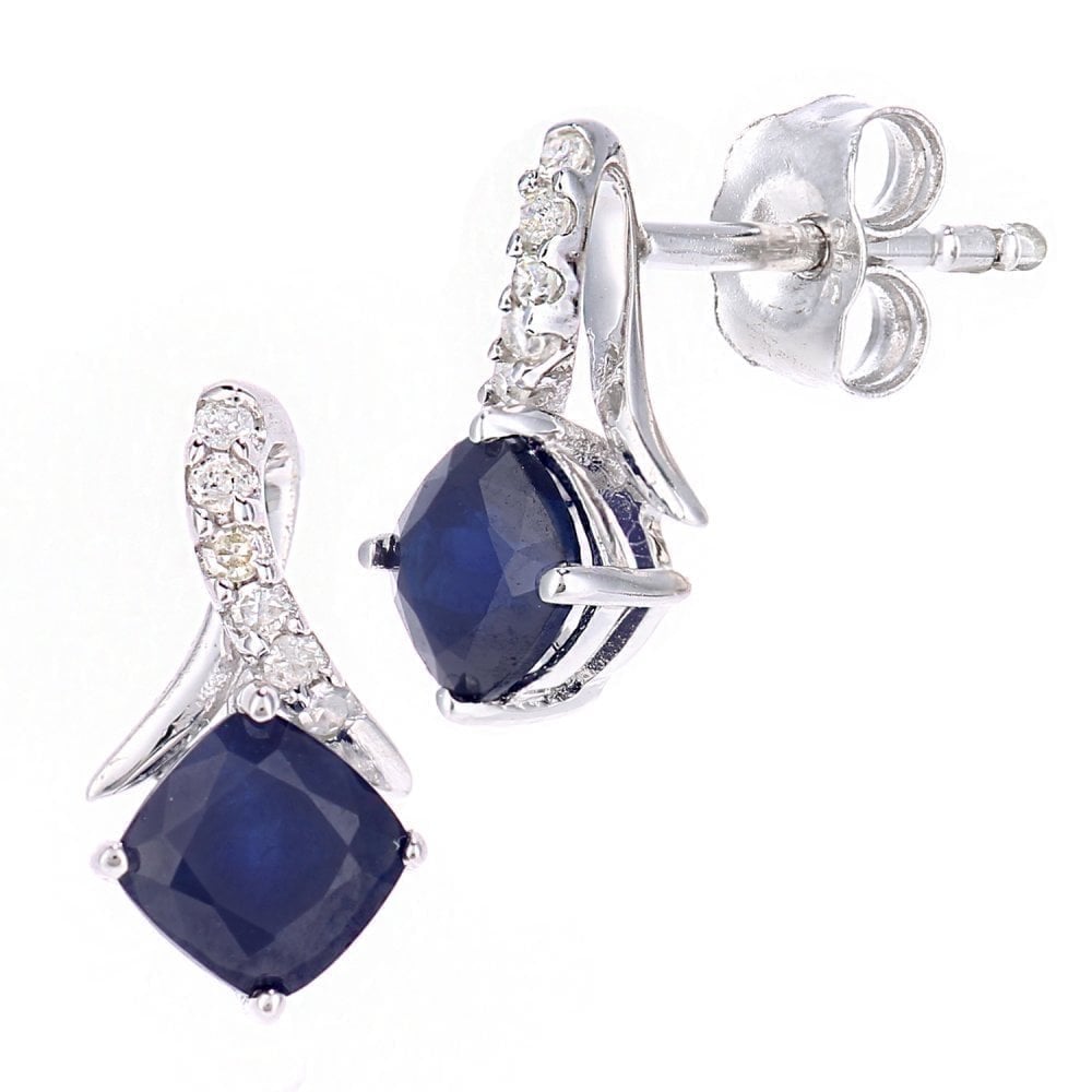 9ct White Gold Cushion Natural Blue Sapphire and Diamond Kiss Stud Earrings
