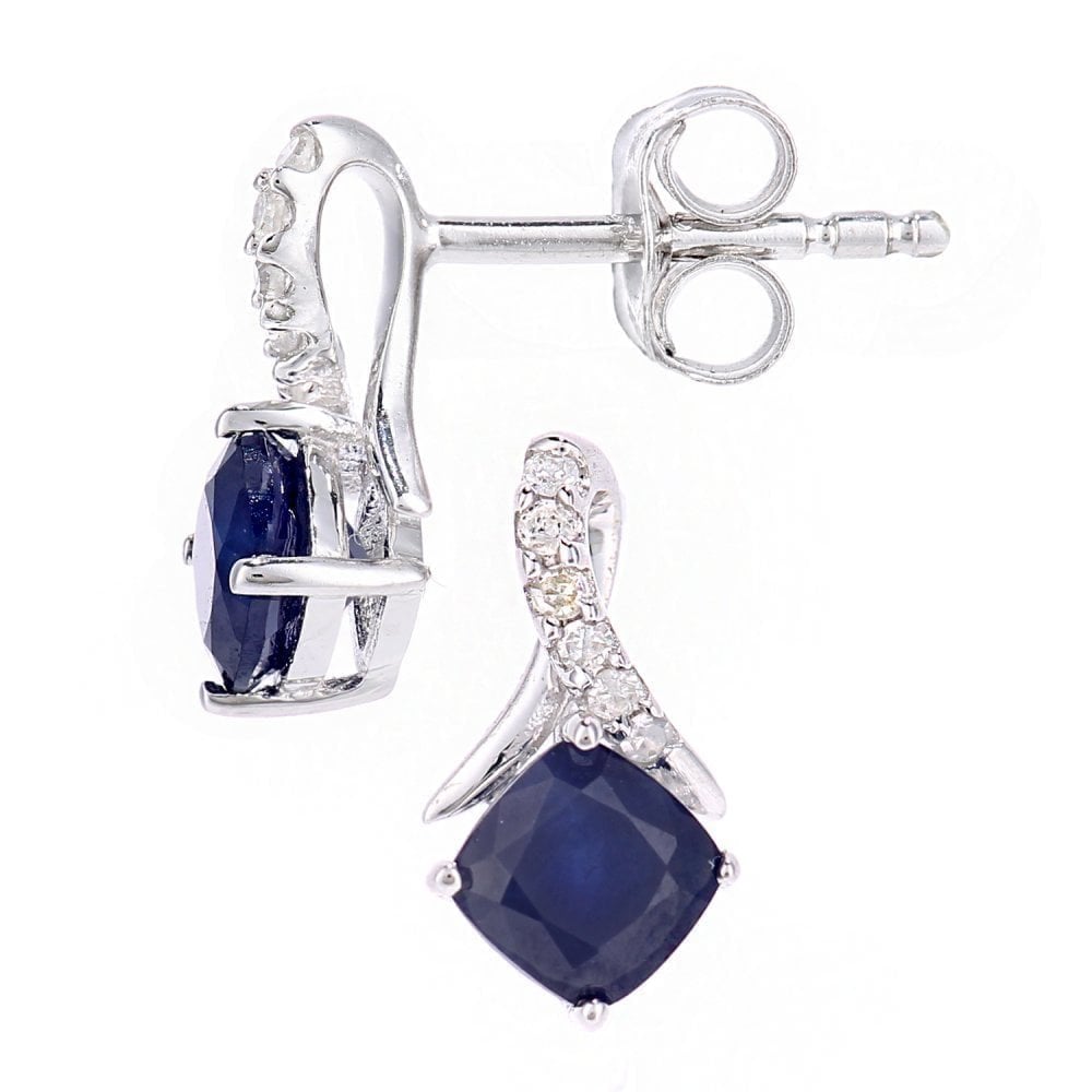 9ct White Gold Cushion Natural Blue Sapphire and Diamond Kiss Stud Earrings