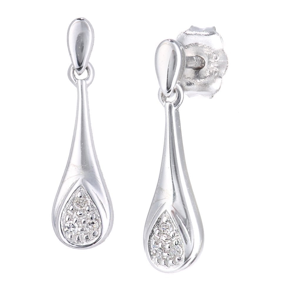 9ct White Gold Natural Diamond Teardrop Drop Earrings with Gold Push Back