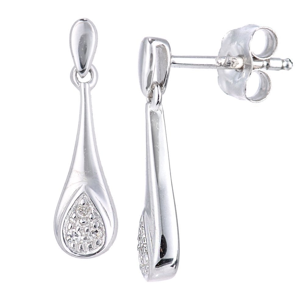 9ct White Gold Natural Diamond Teardrop Drop Earrings with Gold Push Back