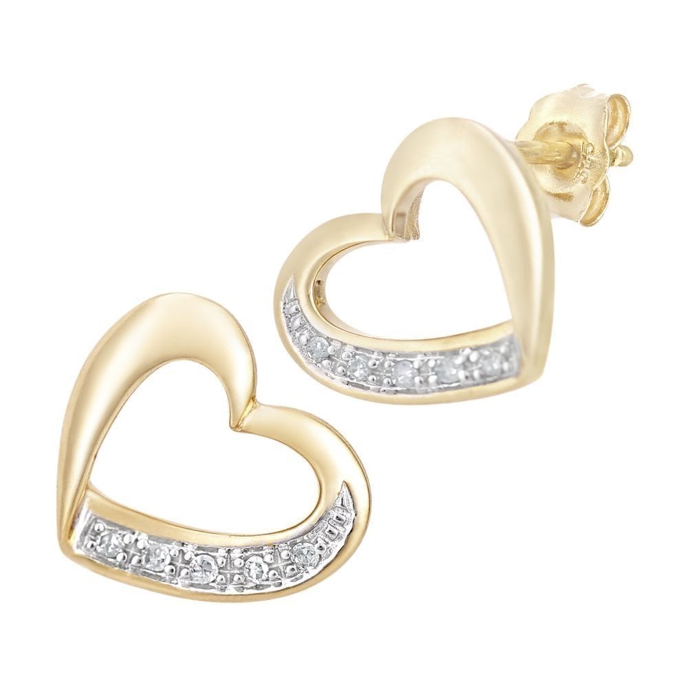 9ct Gold Natural Diamond Open Heart Stud Earrings