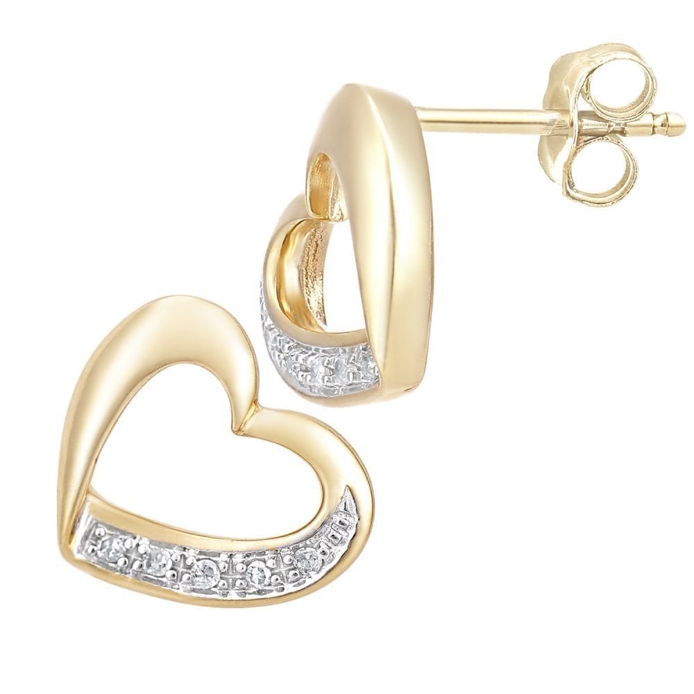 9ct Gold Natural Diamond Open Heart Stud Earrings