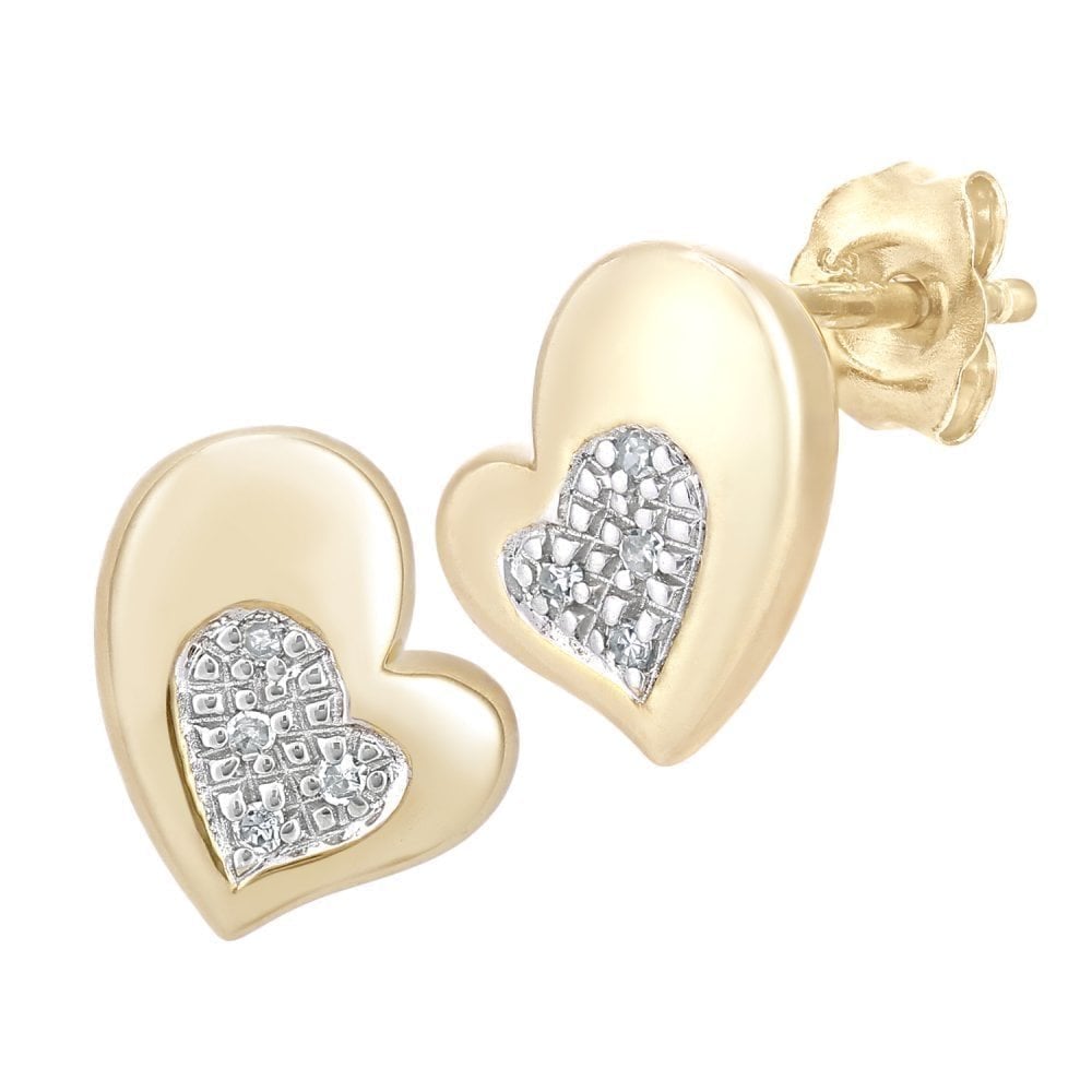 9ct Gold Natural Diamond Heart Stud Earrings