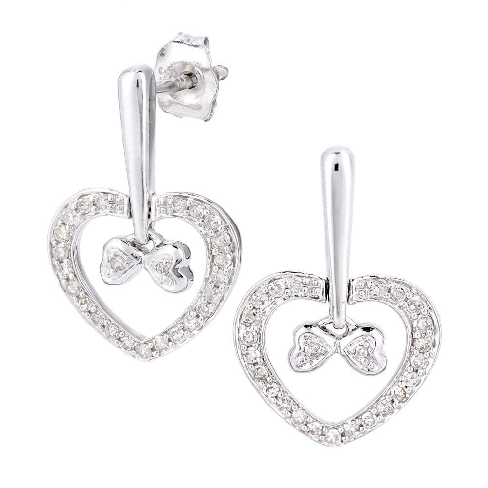 Diamond Heart Drop Earrings 9ct White Gold | Prime Jewellery