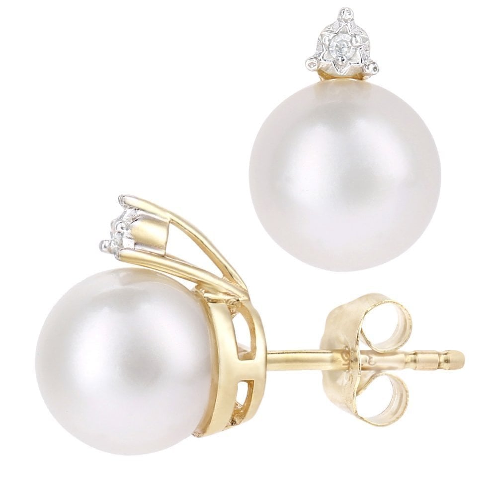 9ct Yellow Gold Cultured Pearl and 0.01ct Diamond Stud Earrings