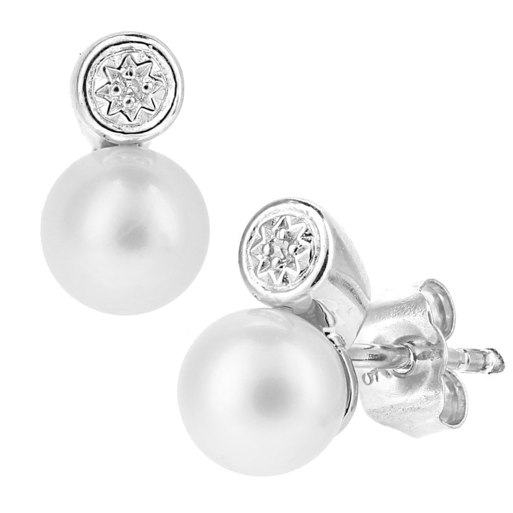 9ct White Gold Cultured Pearl and 0.01ct Diamond Stud Earrings