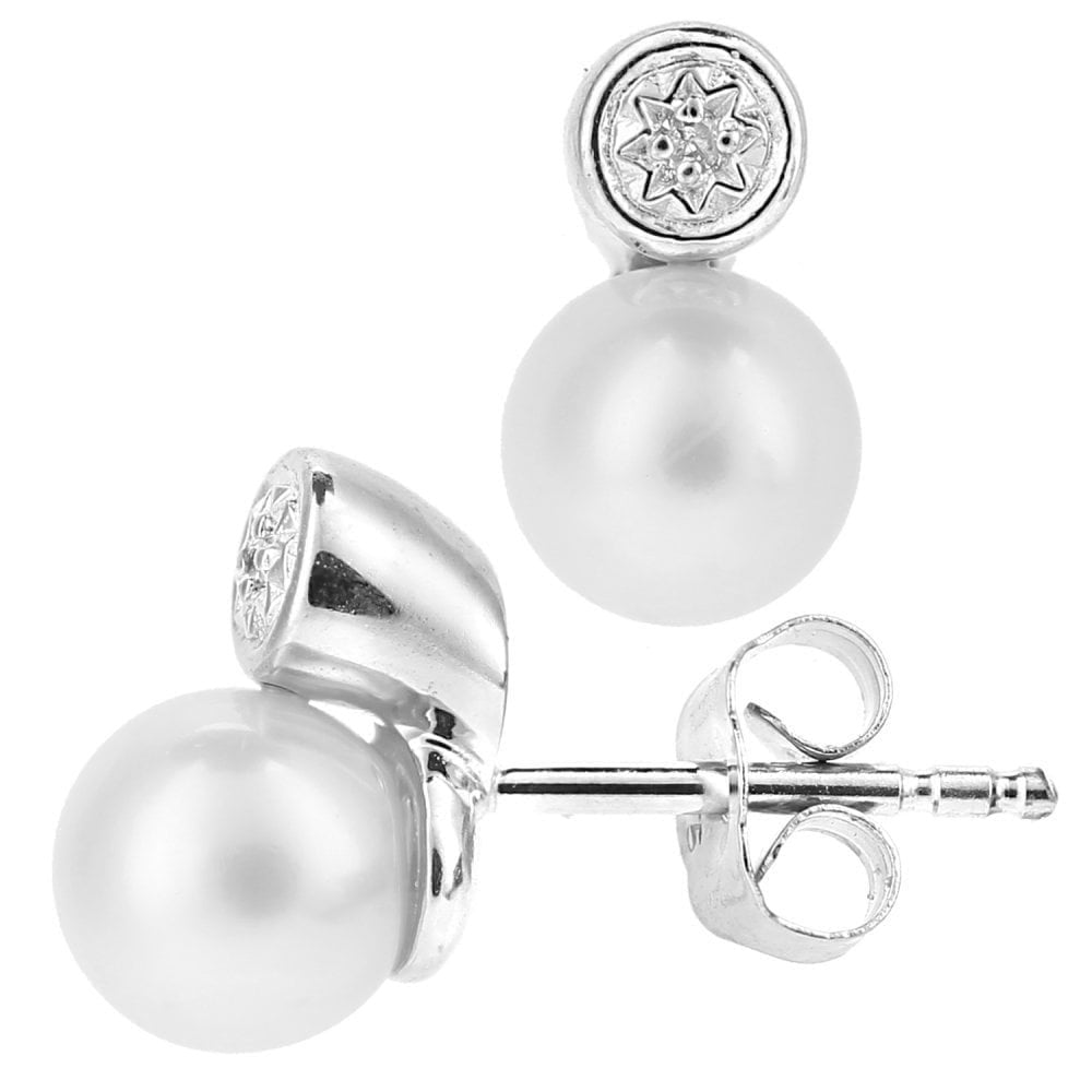 9ct White Gold Cultured Pearl and 0.01ct Diamond Stud Earrings