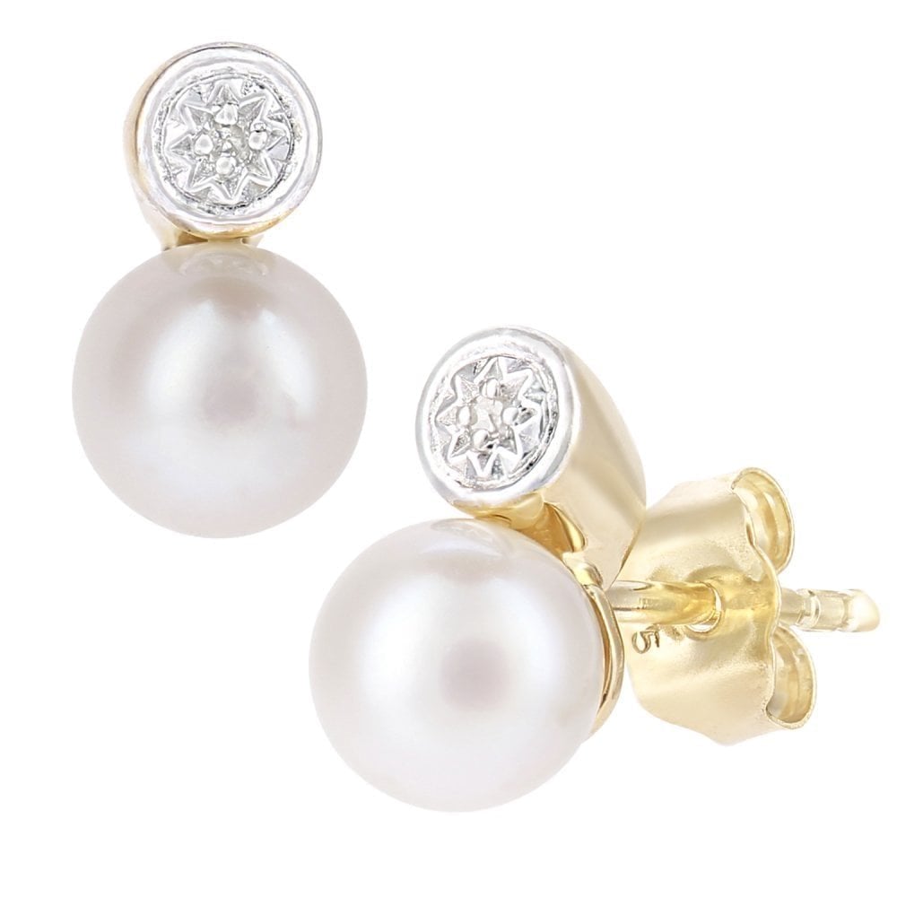 9ct Yellow Gold Cultured Pearl and 0.01ct Diamond Stud Earrings