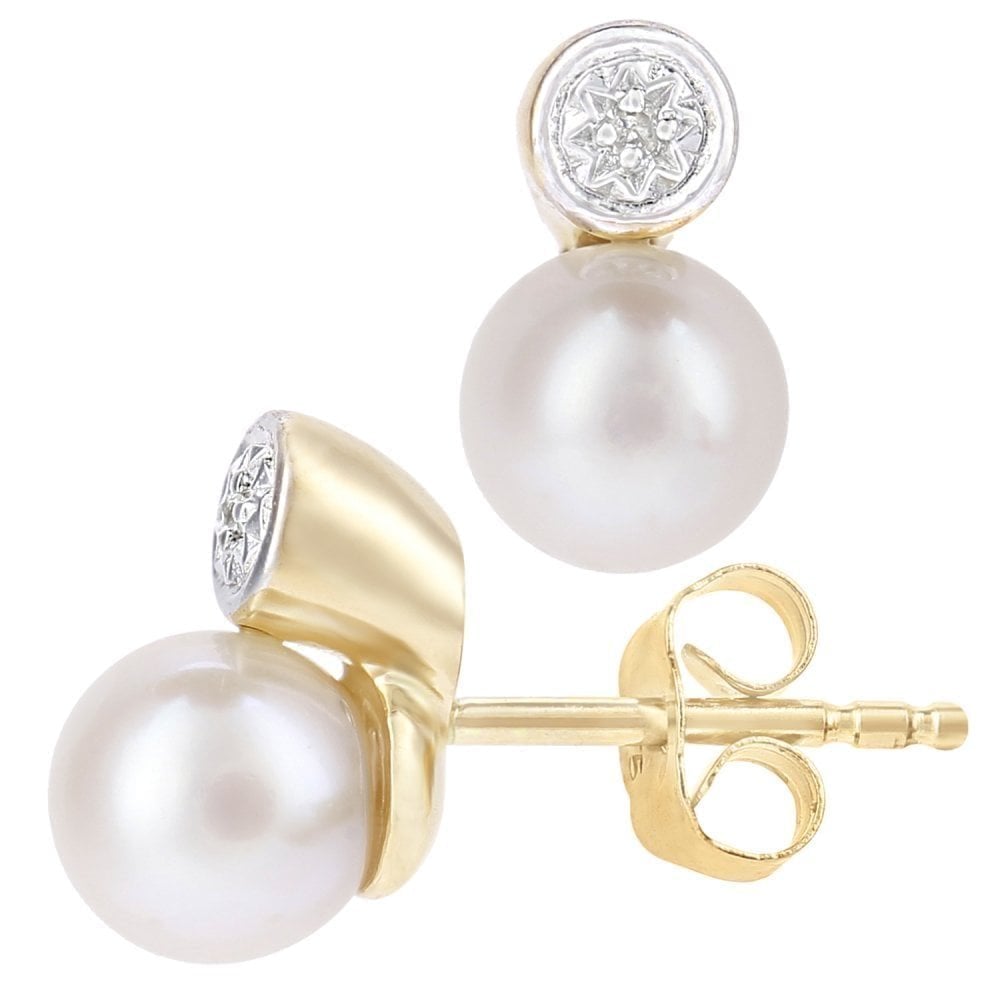 9ct Yellow Gold Cultured Pearl and 0.01ct Diamond Stud Earrings