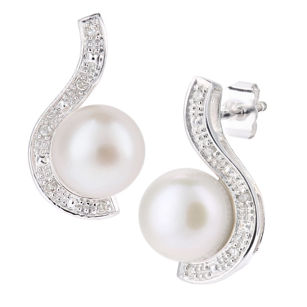 9ct White Gold Cultured Pearl and 0.05ct Diamond Stud Earrings