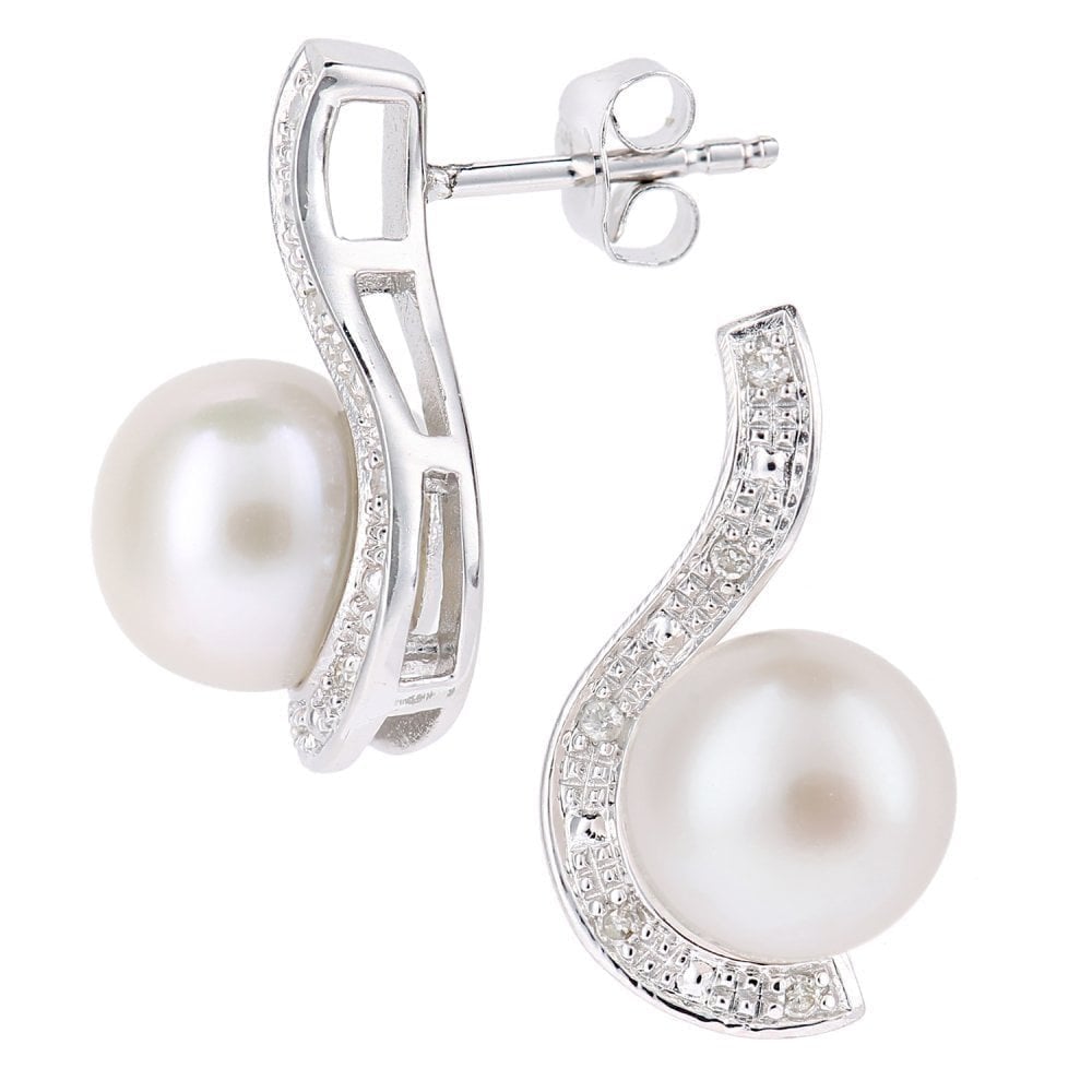 9ct White Gold Cultured Pearl and 0.05ct Diamond Stud Earrings
