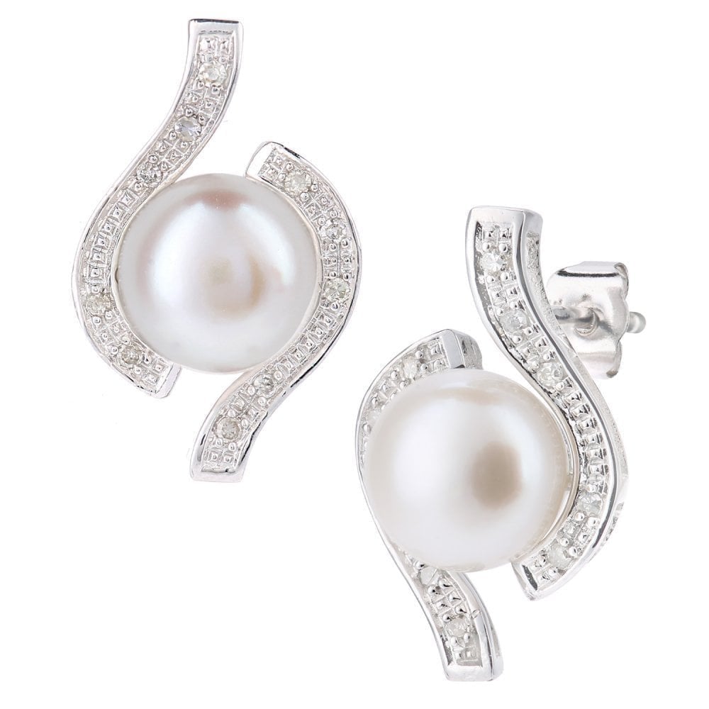 9ct White Gold Cultured Pearl and 0.10ct Diamond Stud Earrings