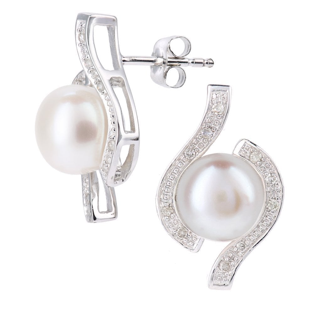 9ct White Gold Cultured Pearl and 0.10ct Diamond Stud Earrings