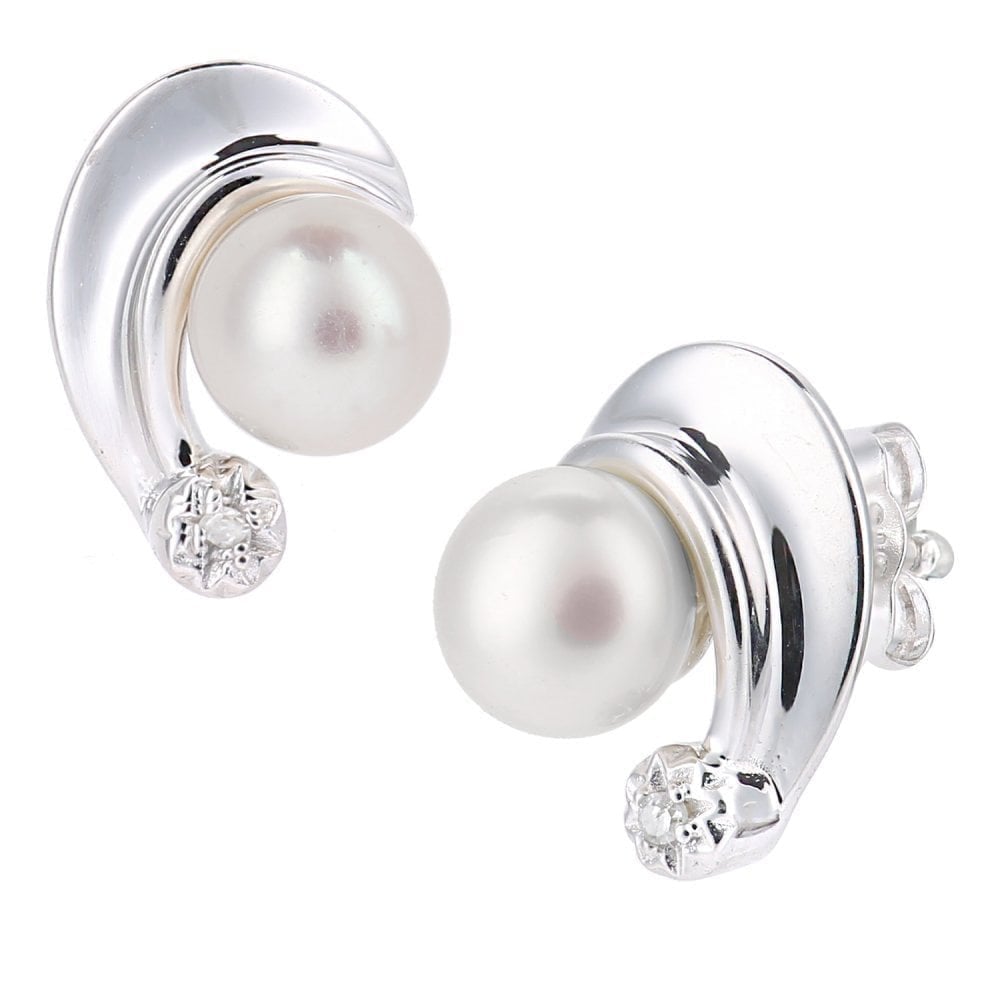 9ct White Gold Cultured Pearl and 0.01ct Diamond Stud Earrings
