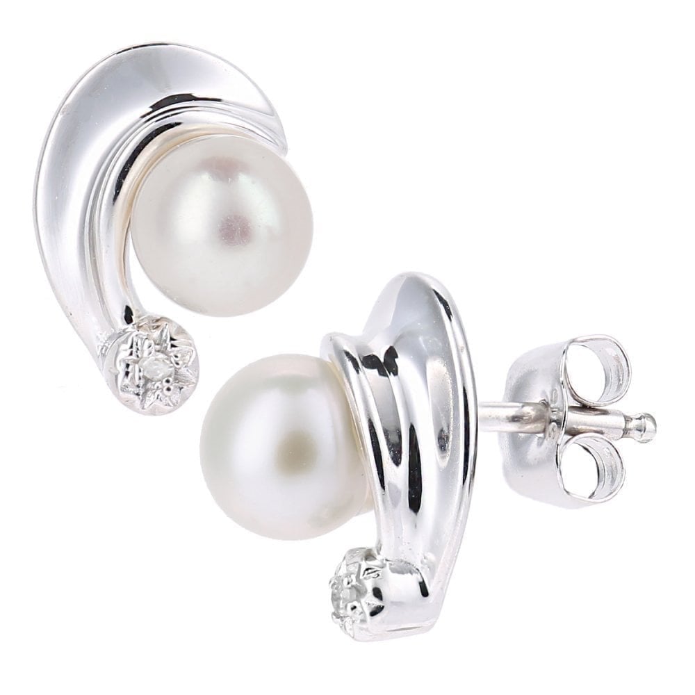 9ct White Gold Cultured Pearl and 0.01ct Diamond Stud Earrings