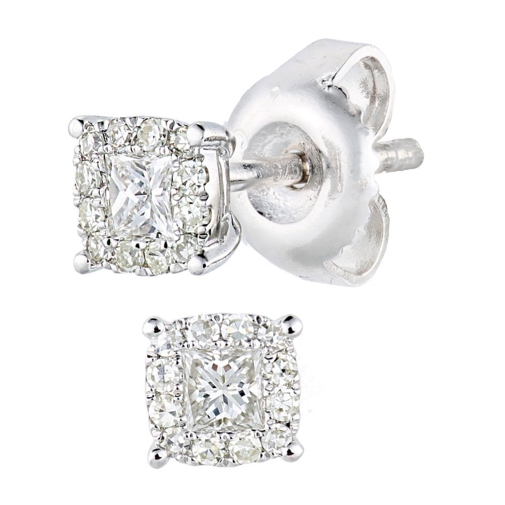 9ct White Gold 0.20 Carat Natural Diamond Princess Halo Stud Earrings