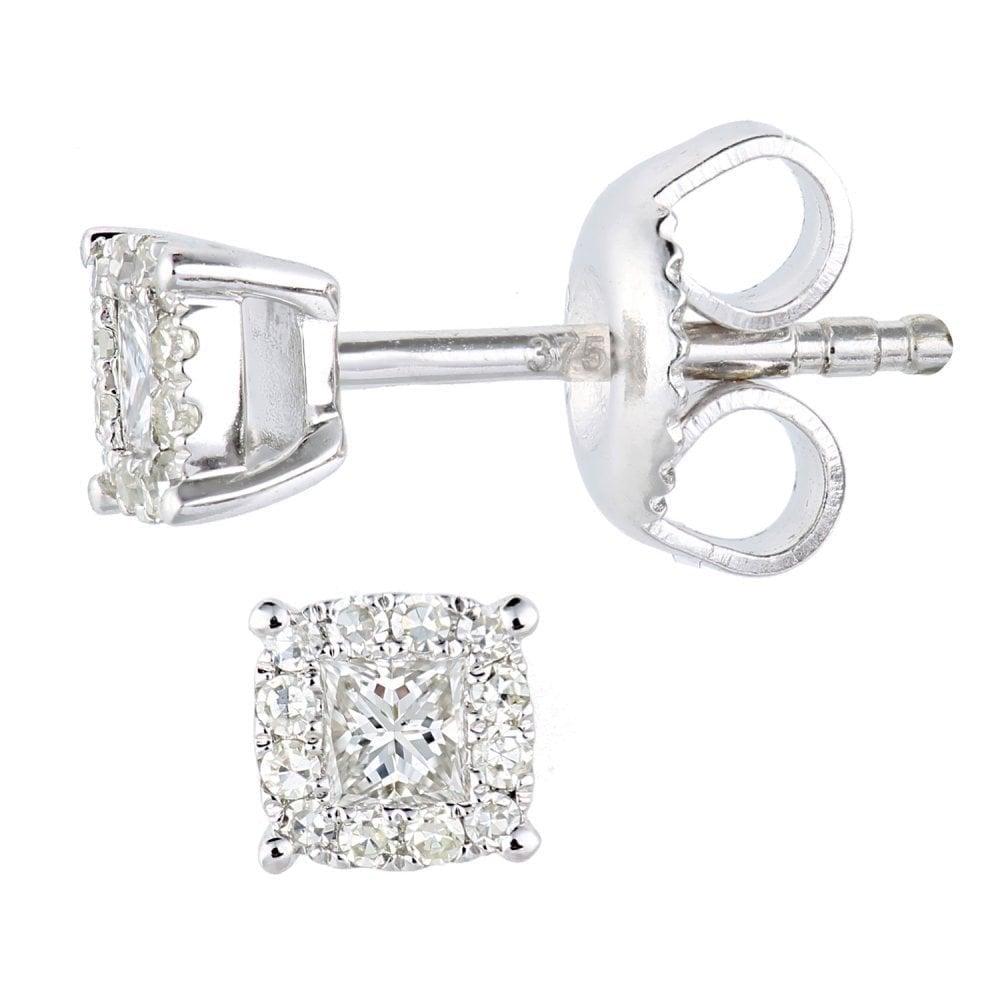 9ct White Gold 0.20 Carat Natural Diamond Princess Halo Stud Earrings