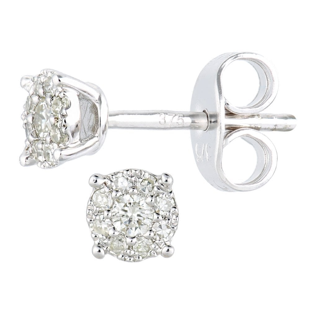 9ct White Gold 0.15 Carat Natural Diamond Round Halo Stud Earrings with Gold Push Back