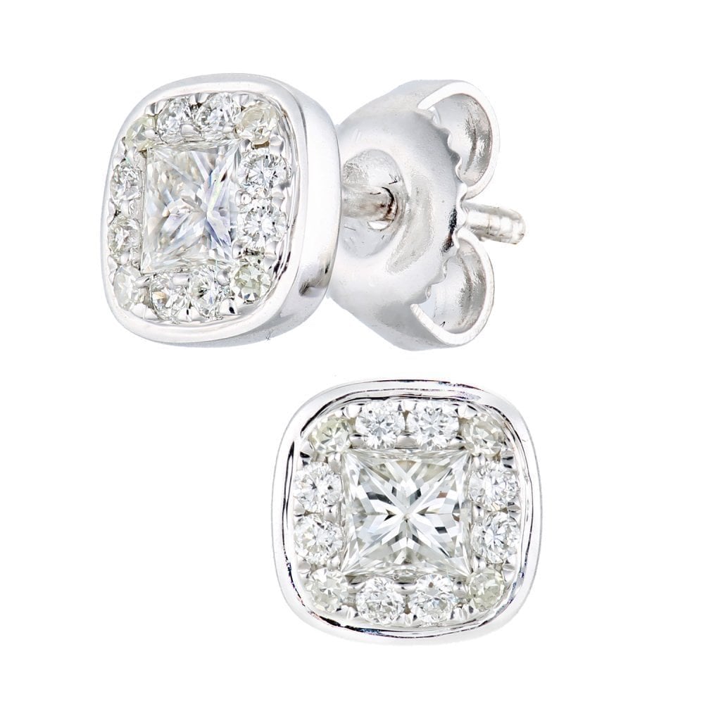 9ct White Gold 0.57 Carat Natural Diamond Princess Halo Stud Earrings with Gold Push Back