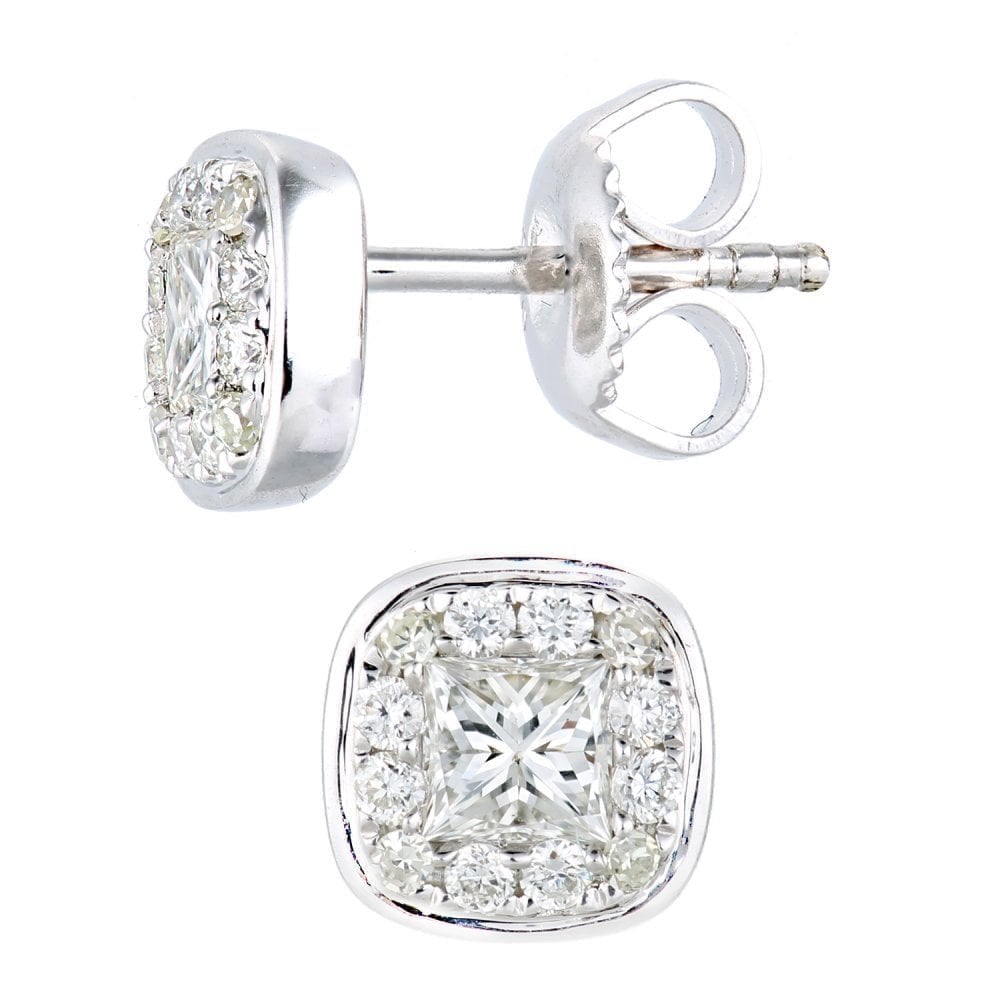 9ct White Gold 0.57 Carat Natural Diamond Princess Halo Stud Earrings with Gold Push Back