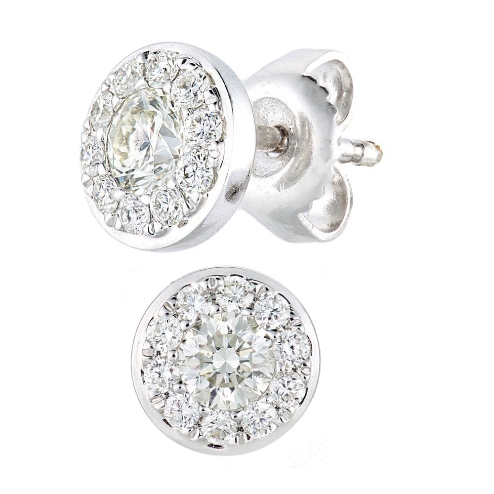 9ct White Gold 0.50 Carat Natural Diamond Round Halo Stud Earrings with Gold Push Back