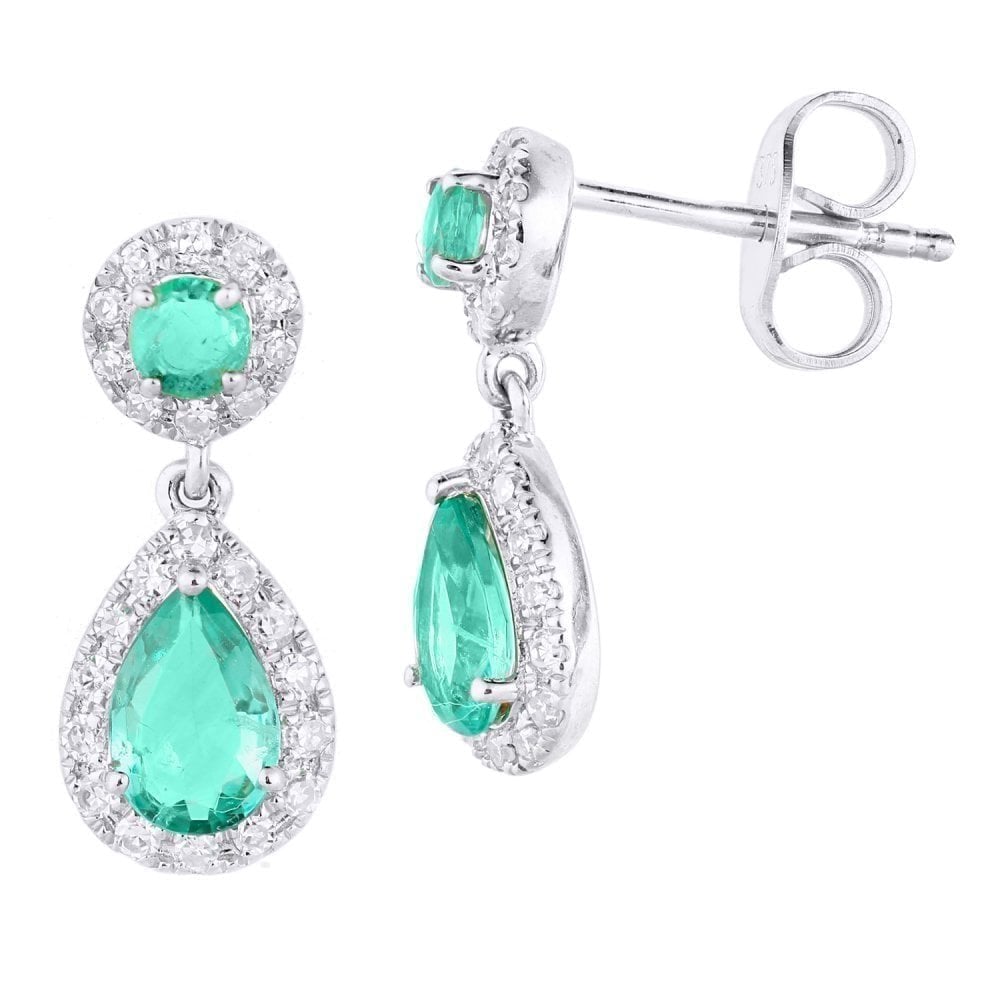 9ct White Gold 0.83ct Emerald & 0.25ct Diamond Teardrop Halo Earrings