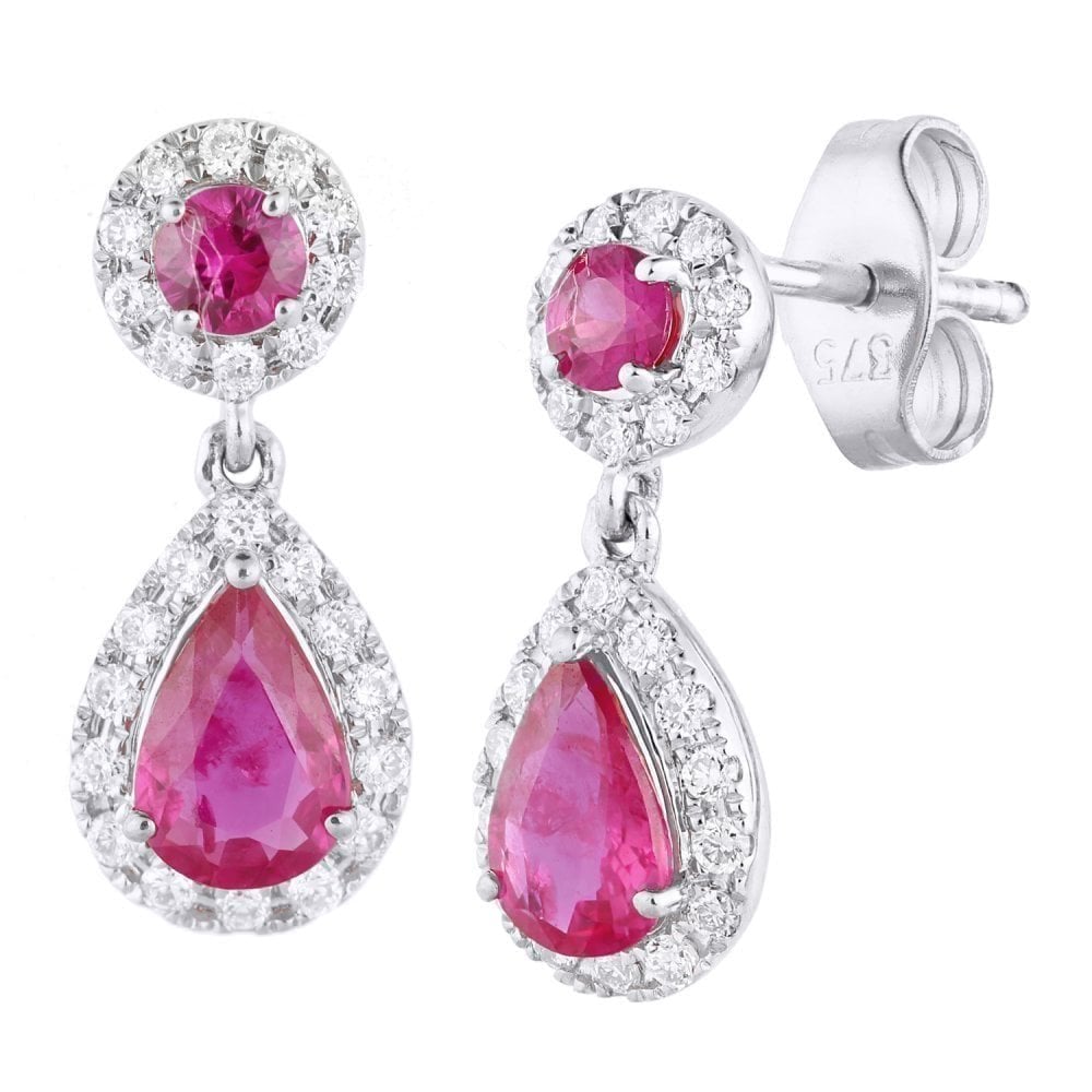 9ct White Gold Ruby and Diamond Teardrop Halo Earrings